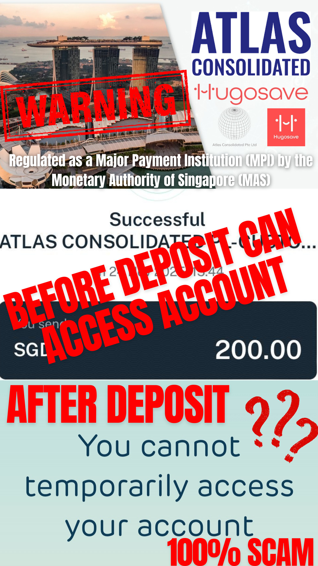 User-created warning graphic showing HugoSave transfer and later account access issue